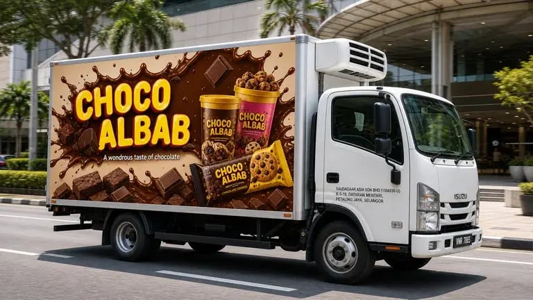 Choco Albab branded lorry sticker driving near a Malaysian shopping mall