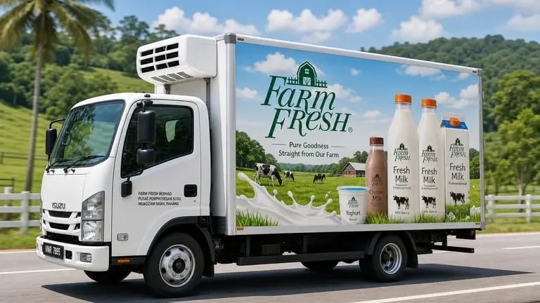 Farm Fresh branded lorry sticker driving on a rural Malaysian road