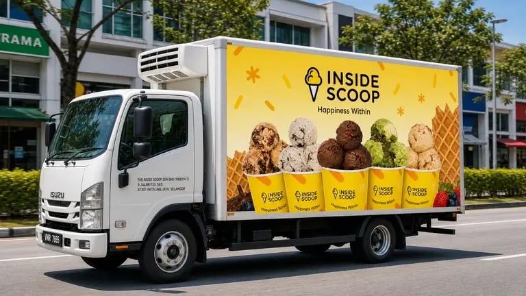 Inside Scoop branded lorry sticker driving past Malaysian shop lots