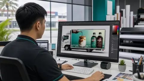 Designer preparing lorry sticker artwork for a coffee campaign