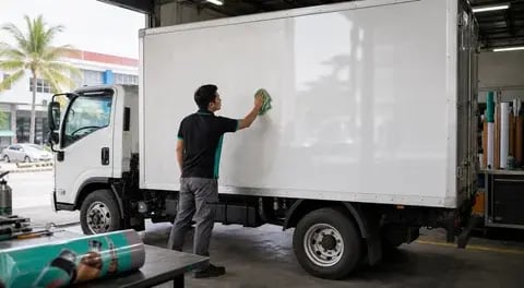 Worker cleaning a lorry surface before sticker installation
